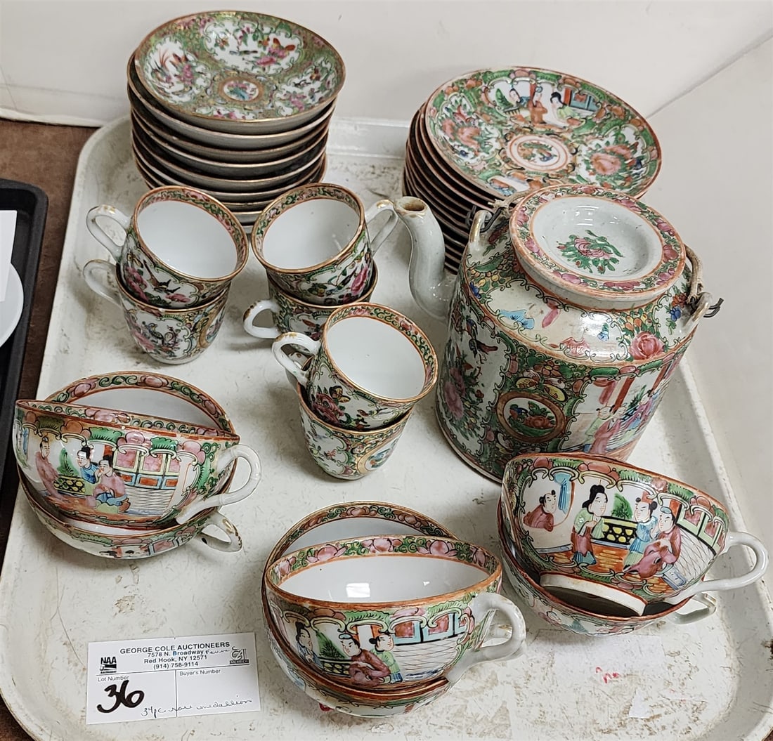 tray 34 pc rose medallion tea pot, 12- 5 1/2" diam, sasucers, 6 cups, 9- 4 1/2" diam saucers, 6 demi (1 of 3)