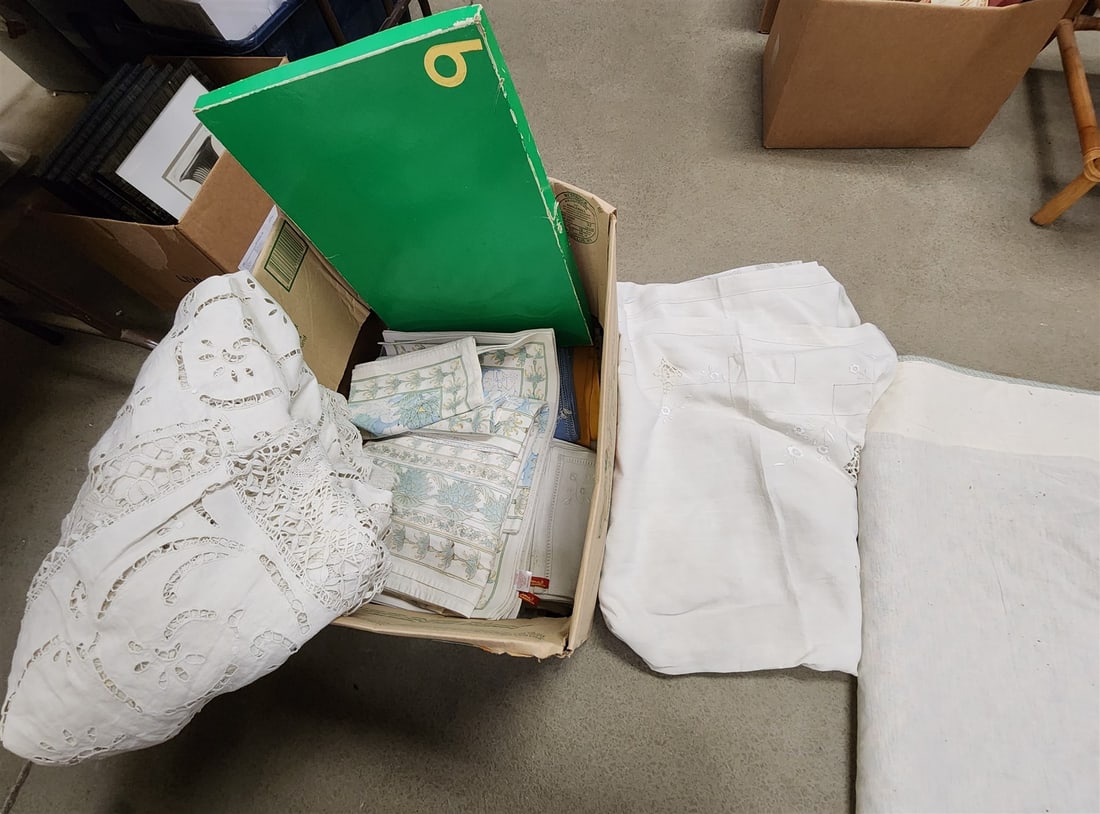 bx linens- incl 9'2" x 8'9" hand done lace and pullwork spread, table cloths, napkins, place mats (1 of 5)