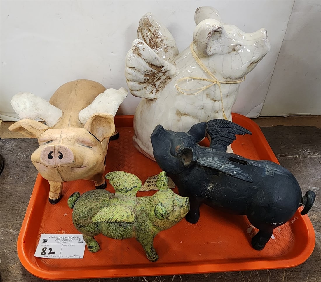 tray pigs w/ wings cast iron bank 6"h x 9 1/2"l, 7 1/2"h x 12"l, 4 3/4"h x 7"l and pottery 11"h x: tray pigs w/ wings cast iron bank 6"h x 9 1/2"l, 7 1/2"h x 12"l, 4 3/4"h x 7"l and pottery 11"h x 8"l H- W- L-