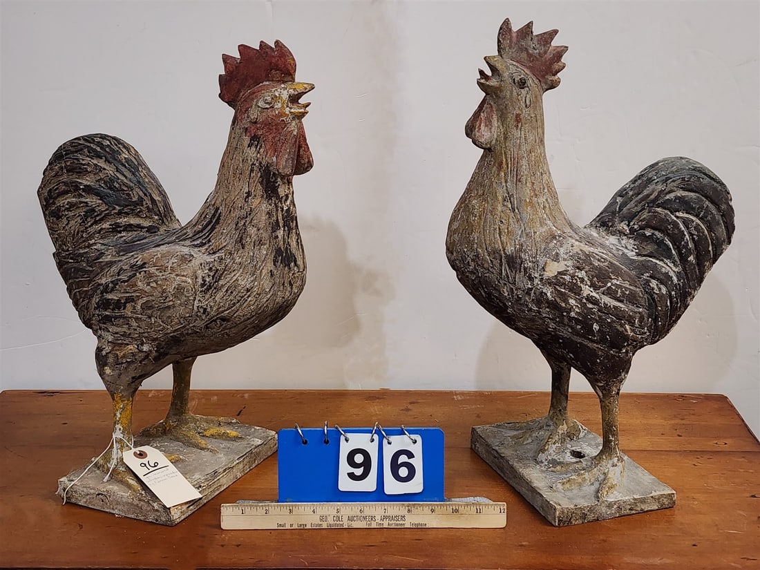lot 2 Pierre Deux carved wooden roosters 21"h x 8 3/4"w x 13"d and 20 1/2"h x 8 3/4"w x 13 1/2"d (1 of 2)
