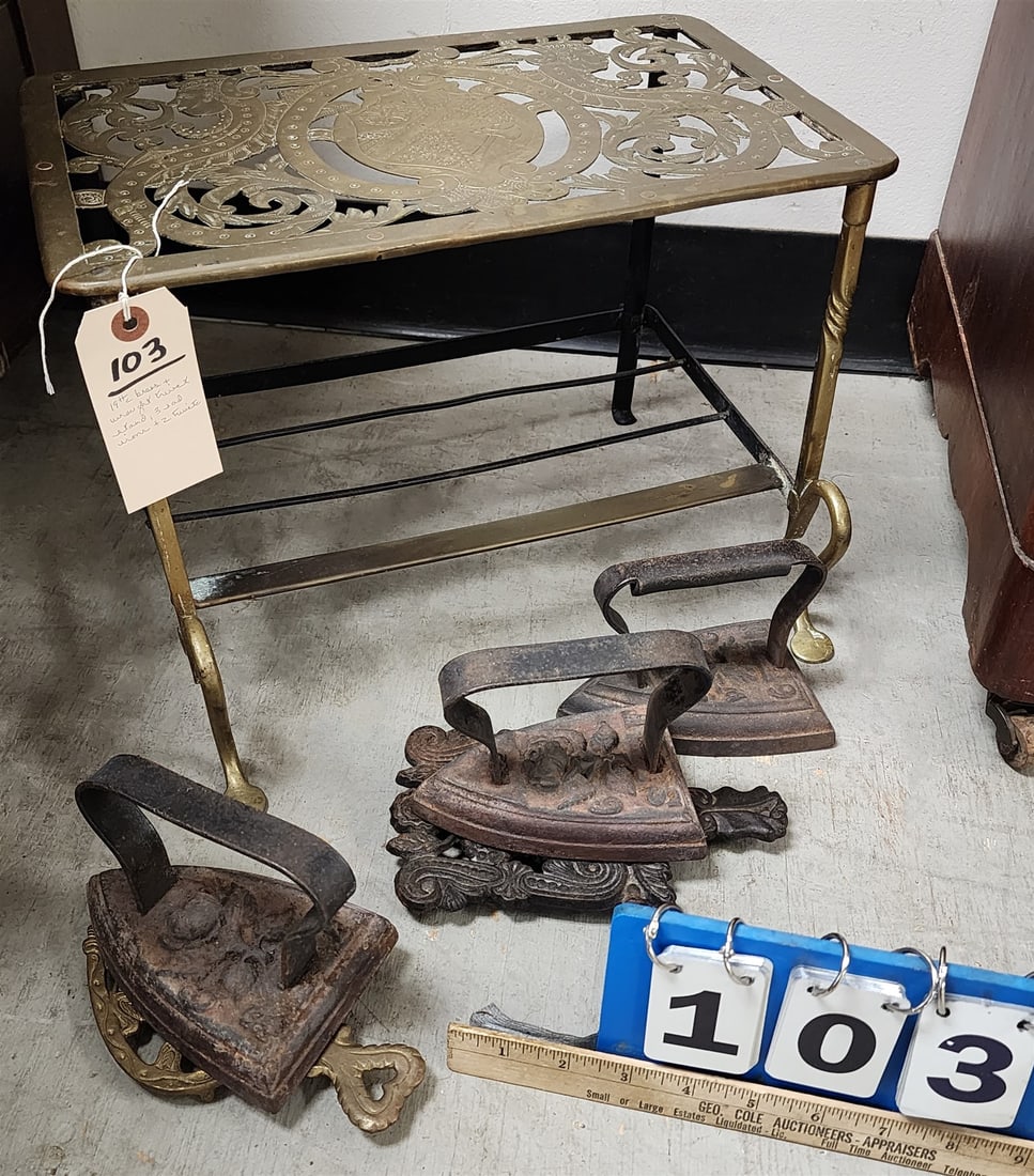 19th c brass and wrought trivet stand w/ 3 sad irons and 2 trivets (1 of 3)