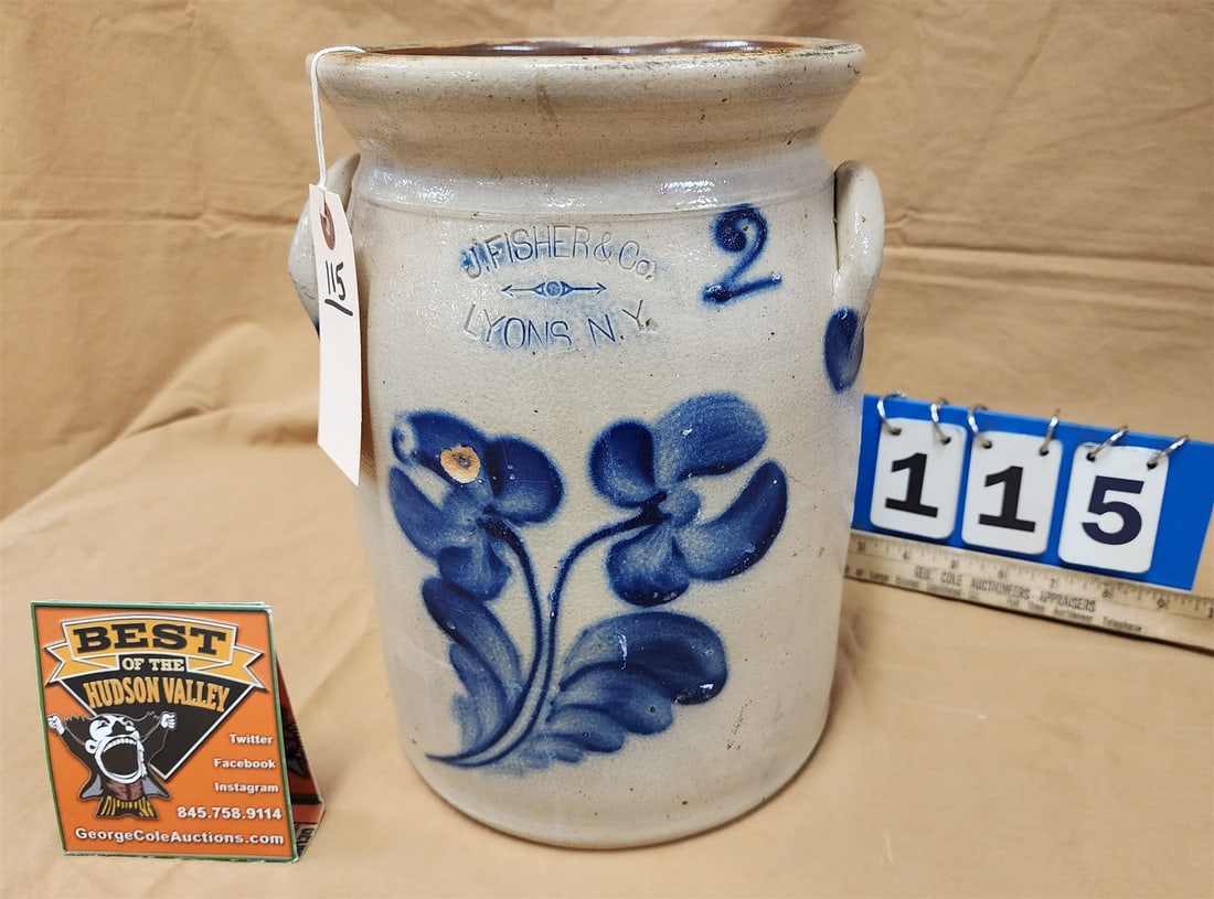 stoneware blue dec J. Fischer + Co Lyons NY crock (1 of 2)