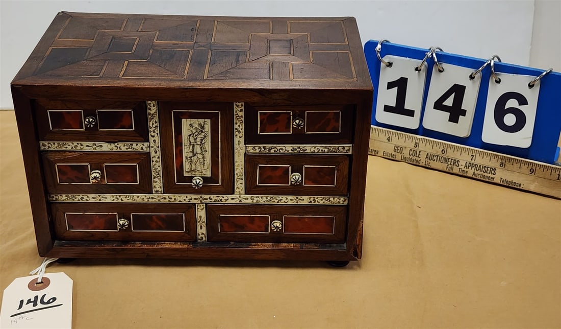 19th C inlaid 7 drawer jewelry bx: 19th C inlaid 7 drawer jewelry bx H-6" W-9 1/2" L-5 1/2"