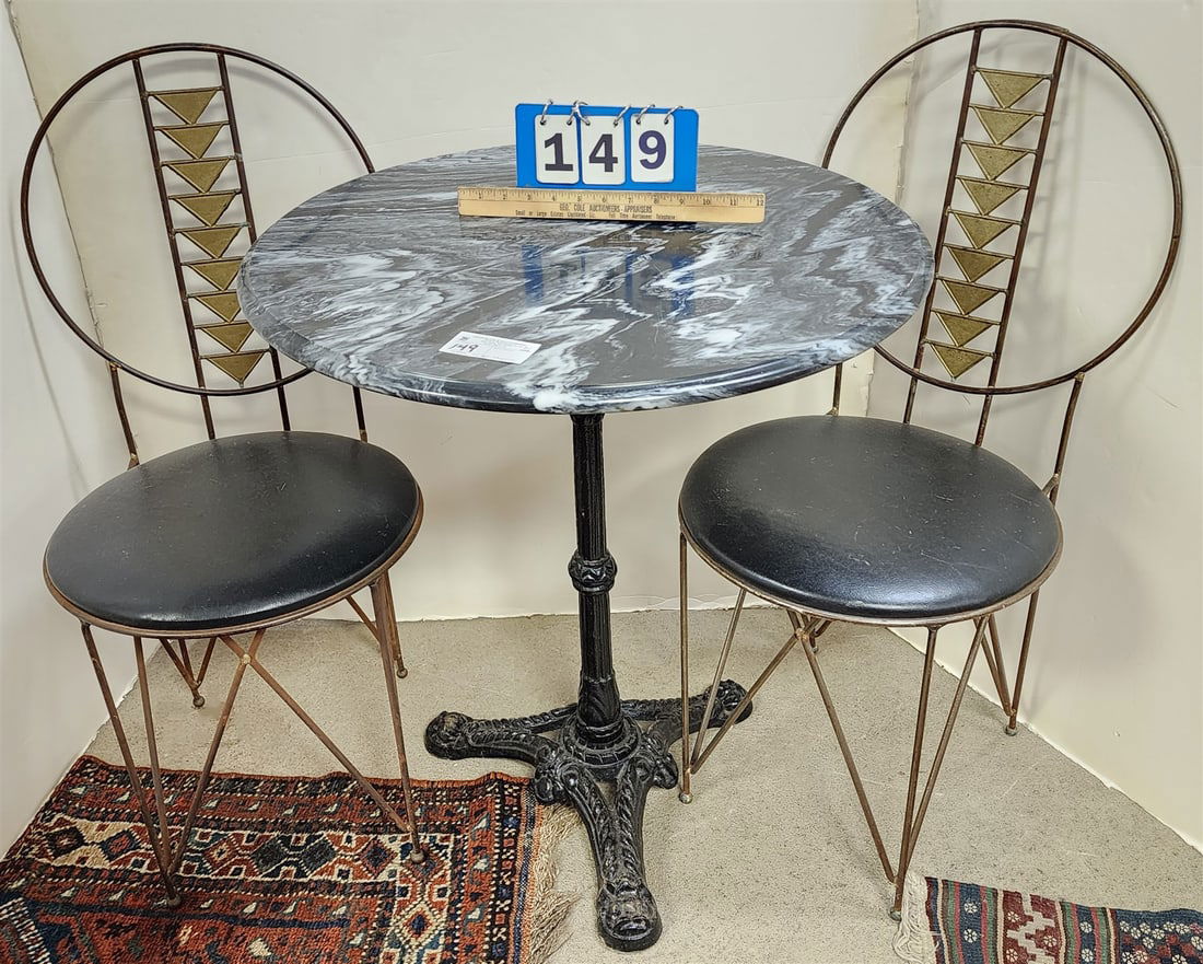cast iron base marble top table w/pr metal frame chairs (1 of 1)