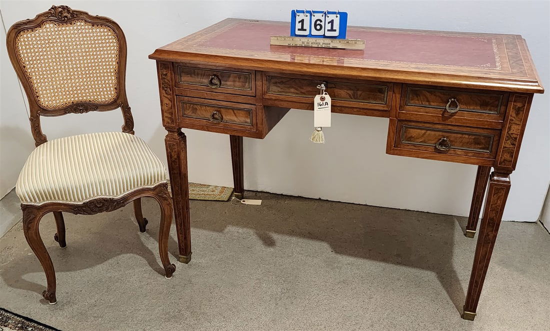 Fr. Inlaid walnut leather top 5 drawer desk w/brass mounts and w/fr. Cane back chair (1 of 7)