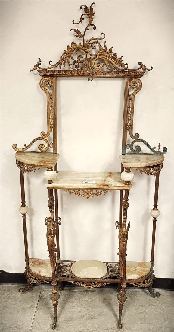 vict brass etagere w/alavaster shelves + mounts: vict brass etagere w/alavaster shelves + mounts H-78" W-40" L-14"