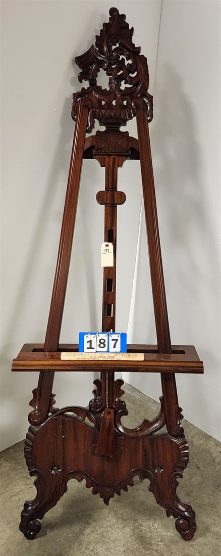 carved mohogany easel: carved mohogany easel H-82" W-27 1/2" L-