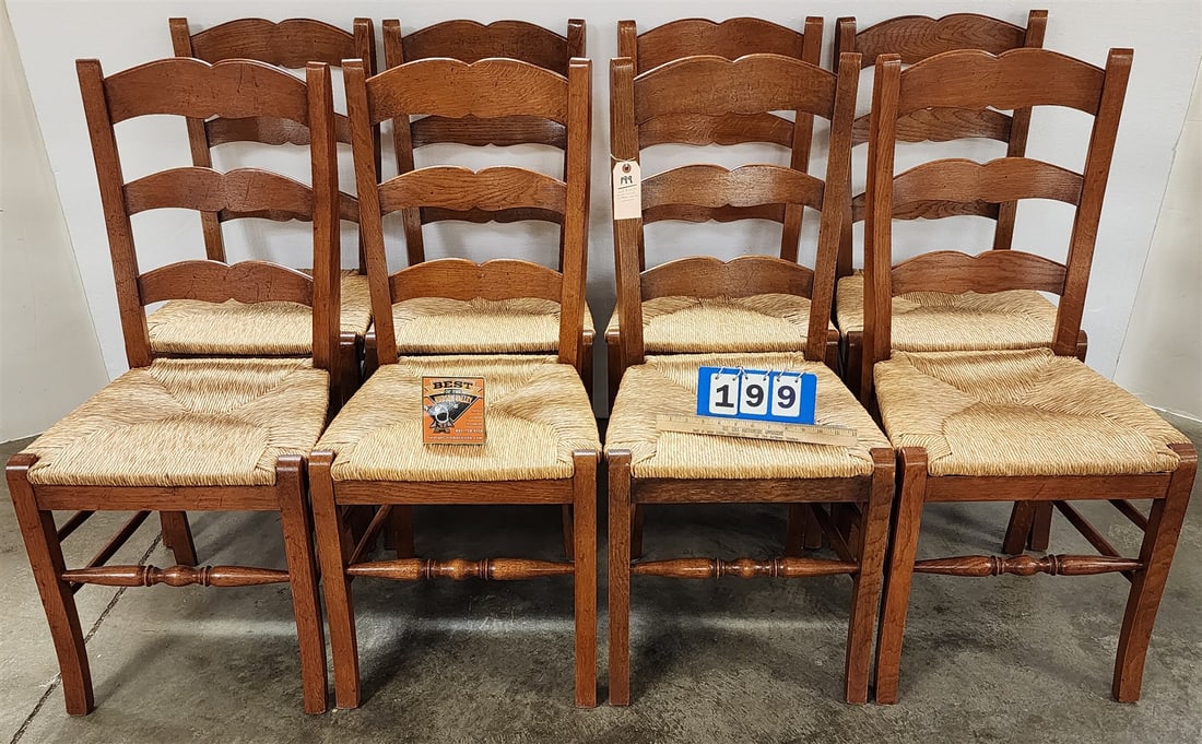 set 8 oak rush seat ladder back chairs: set 8 oak rush seat ladder back chairs H- W- L-