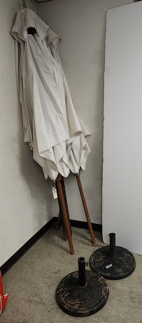 lot 2 Tucci patio umbrellas w/metal bases (1 of 1)