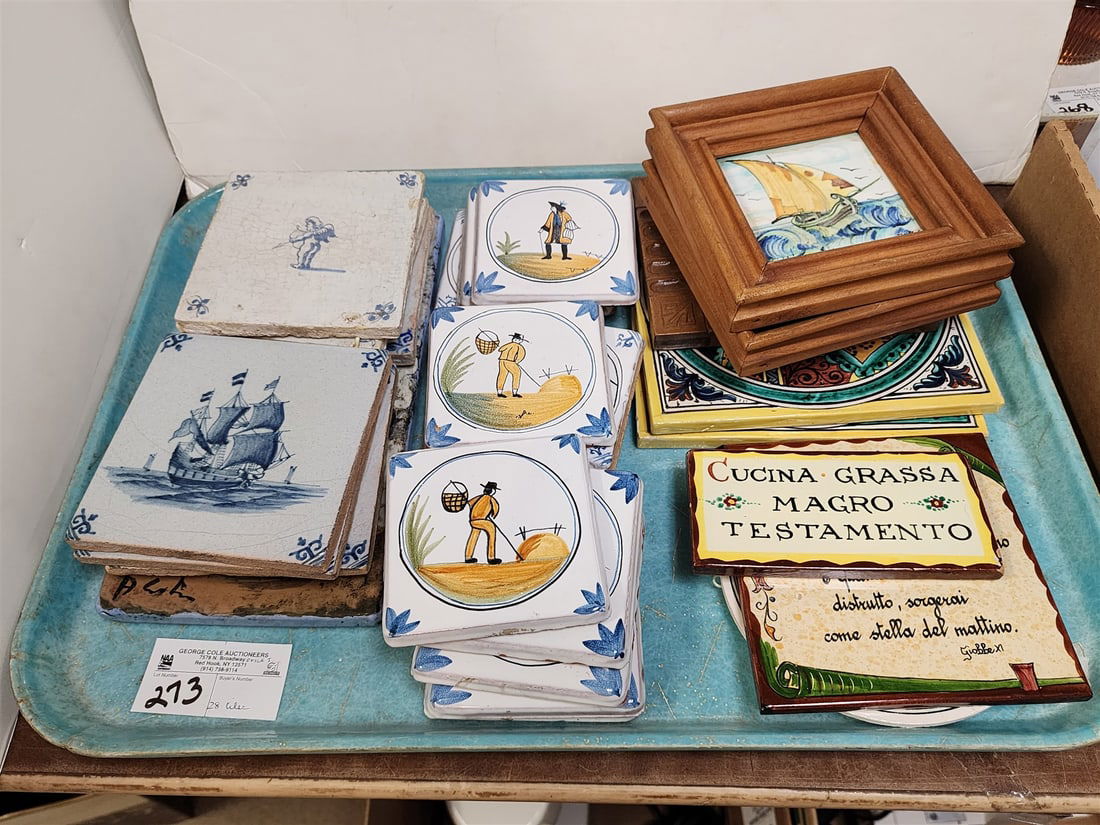 tray italian, dutch tiles 28 pc- 2 Deruta 8" sq, 13-4" sq, 5 Dutch 5" sq, floral plaque 12" x 6", 3 (1 of 5)