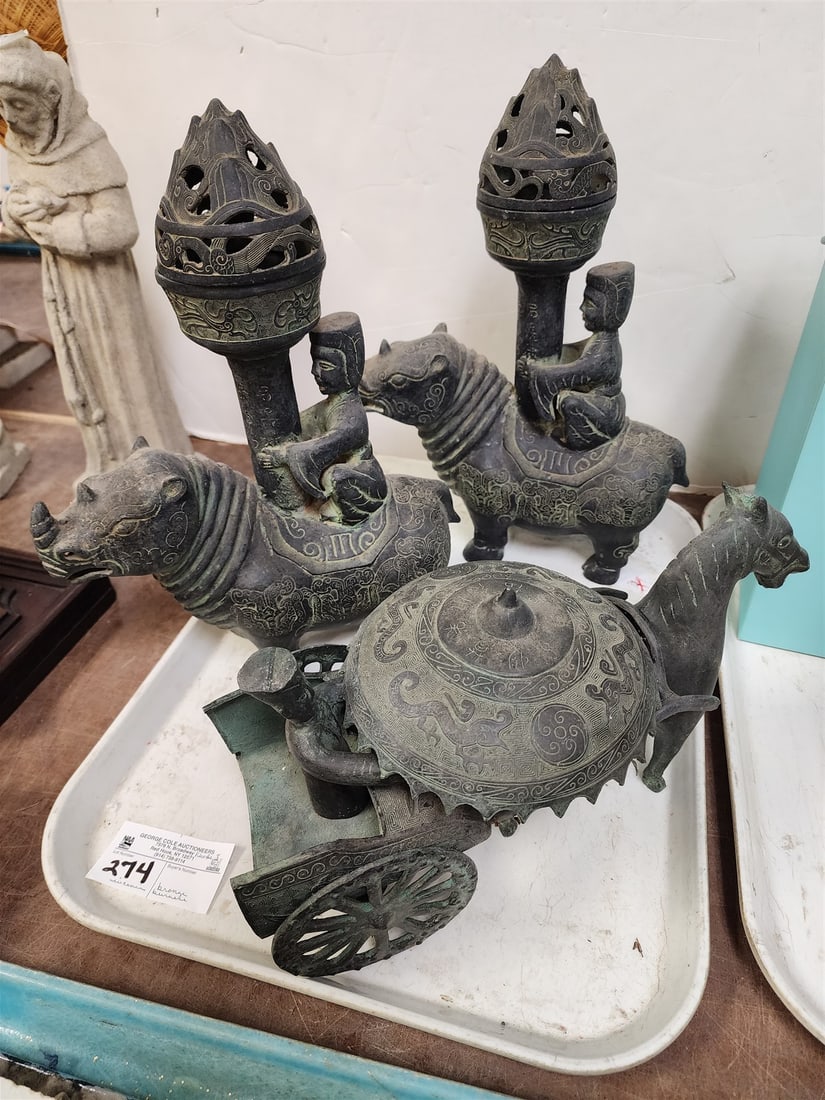 tray pr bronze figural incense burners 13 1/2"h x 10 1/2"l, bronze horse and chariot w/ umbrella 7 (1 of 4)