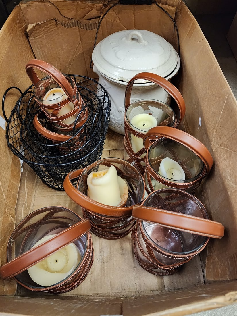 bx leather strapped glass votives, nest baskets etc: bx leather strapped glass votives, nest baskets etc H- W- L-