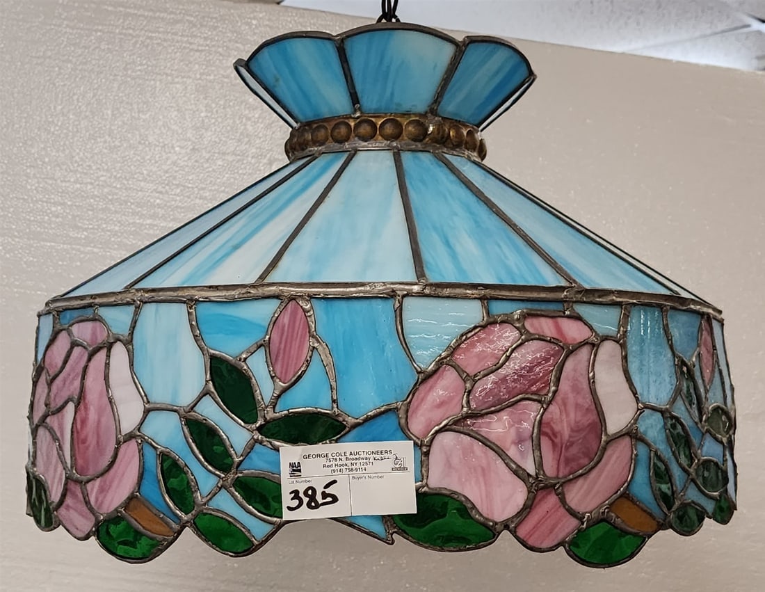 leaded glass hanging fixture 13 1/2"h x 18" diam (1 of 6)