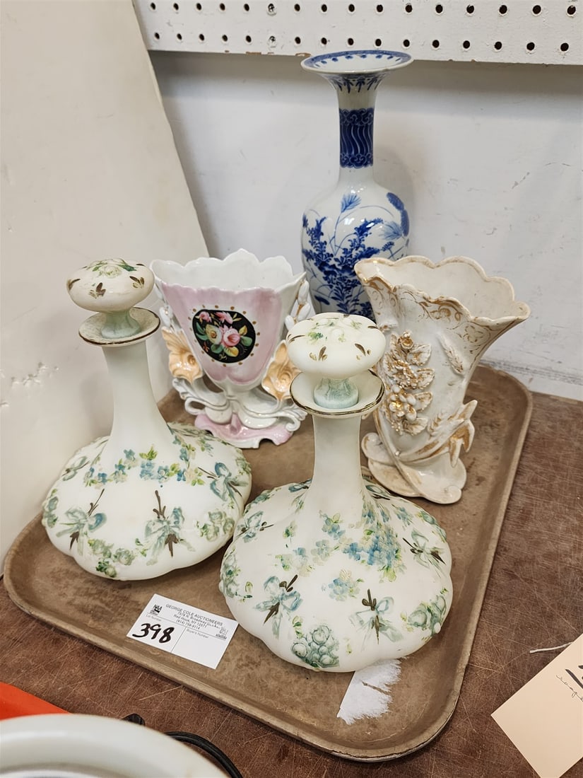 tray pr milk glass hand enameled toilet water bottles, chinese vase 13"- 2 19th c porcelain vases (1 of 3)