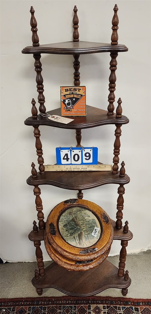 Vict walnut corner what not shelf 53"h x 21"w  and pr vict framed japanese w/c landscapes 9 1/2" x 7 (1 of 4)