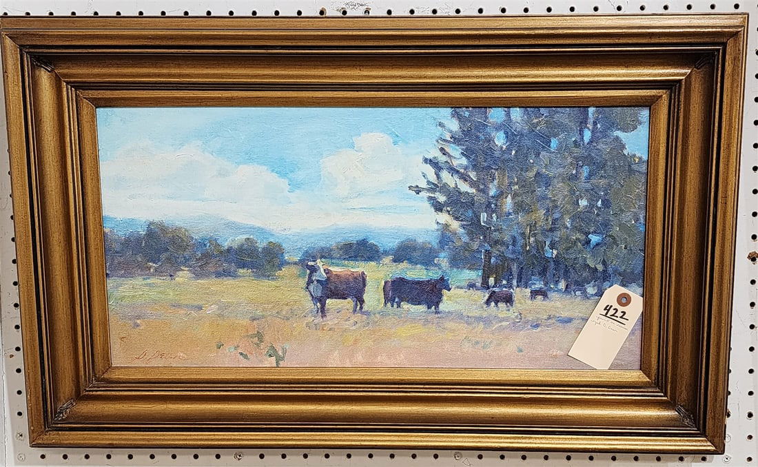 framed print on canvas landscape w/ cows sgnd D. Dear (1 of 2)