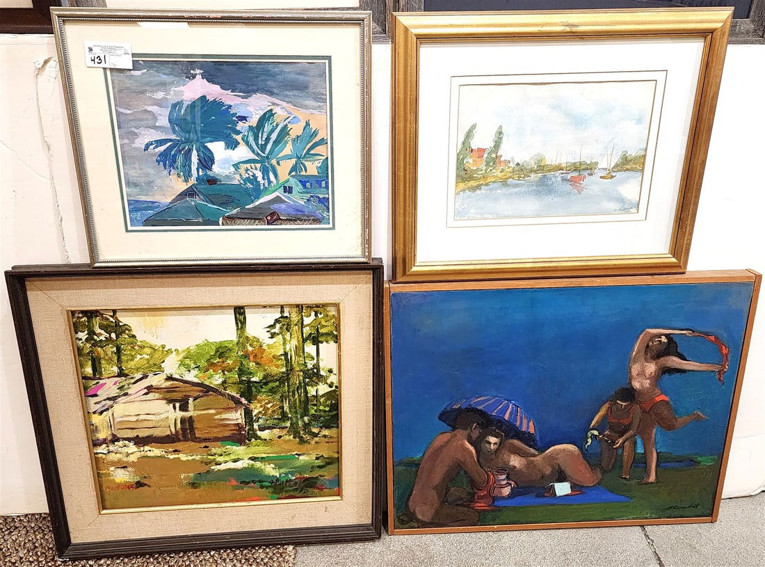 lot 4 pr artwork o/c landscape sgnd M. Alaka 20" x 24", w/c shore scene sgnd D. Denick 9 1/2" x 13 (1 of 5)