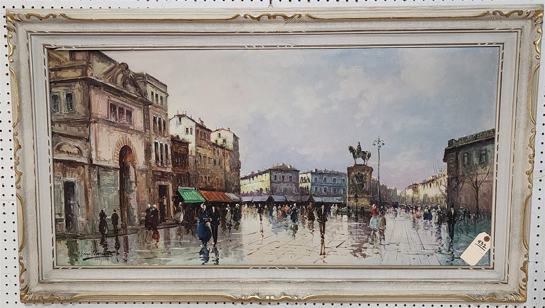framed o/c italian street scene sgnd Gino: framed o/c italian street scene sgnd Gino H- W-24" L-48"