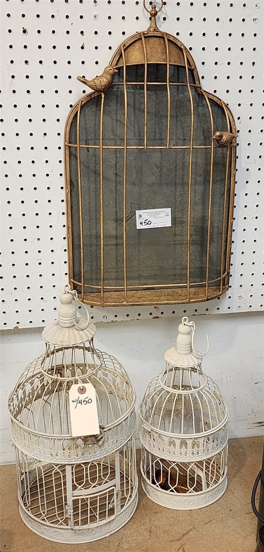 metal birdcage framed mirror 22 1/2" x 13 1/2" and 2 metal bird cages 9"h x 10" diam and 15" x 7 (1 of 2)