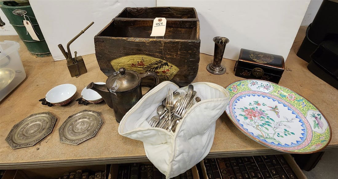 chinese wooden basket w/ pr chinese cups w/ embossed metal saucers and handles, lacquer bx, brass (1 of 9)