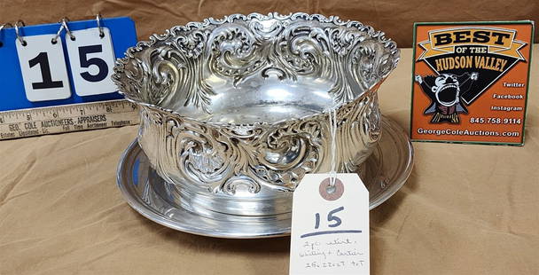 Whiting & Cartier Sterling: Whiting Sterling Bowl - 3.75"H X 8.75" Diam - 17.06 Ozt & Cartier Dish: Whiting & Cartier Sterling: Whiting Sterling Bowl - 3.75"H X 8.75" Diam - 17.06 Ozt & Cartier Dish 9.5" Diam 8.16 Ozt - (25.22 Ozt Total)