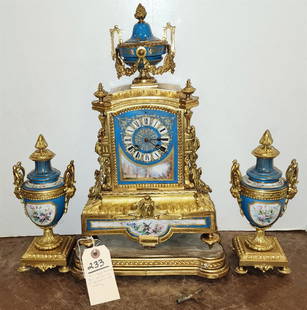 Fr. Gilt Bronze Mantel Clock W/Porcelain Mounts 16-1/2"H X 9-1/2"W X 5"D W/Gilt Wood Base 2"H: Fr. Gilt Bronze Mantel Clock W/Porcelain Mounts 16-1/2"H X 9-1/2"W X 5"D W/Gilt Wood Base 2"H