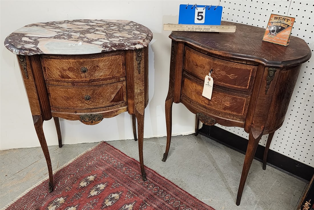 Pr Italian Inlaid 2 Door Stands 1 W/ Marble Top 29"H X 23" W X 15 1/2"D: Pr Italian Inlaid 2 Door Stands 1 W/ Marble Top 29"H X 23" W X 15 1/2"D