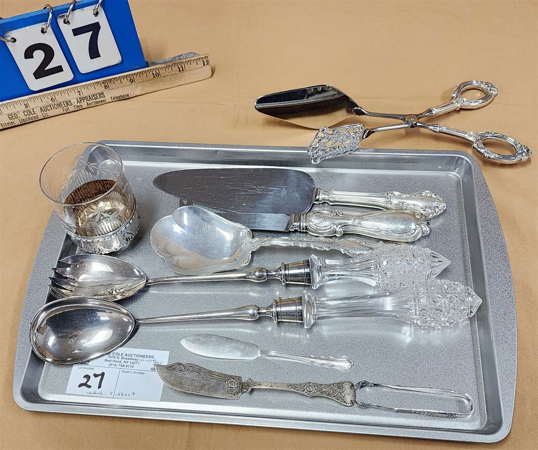 Tray Serving Pcs Sterl Spooon, Butter Knives Etc 3.66 Ozt, 3 Sterl Handled 2 Pc Cut Glass Handled (1 of 2)
