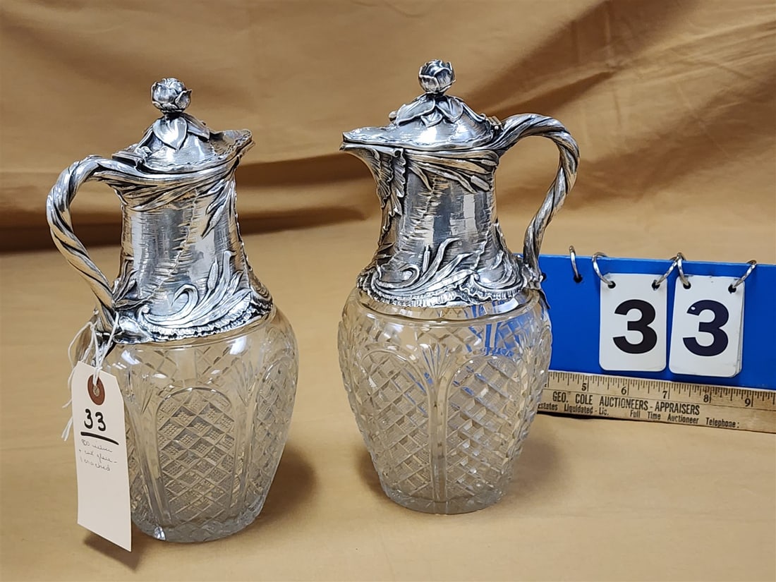 Pr Cut Glass Ewers W/ 800 Silver Tops (One Cut Glass Is Cracked) 10" (1 of 5)