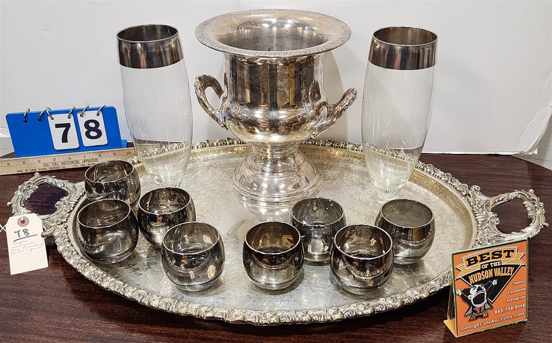 English Silverplate Serving Tray 30" X 19" W/ Silverplate Champagne Bucket, Pr 10" Vases And 8 (1 of 6)