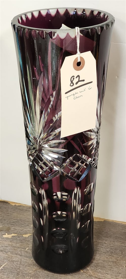 Purple Cut To Clear Cut Glass Vase 13 1/2"H X 4 3/4" Diam: Purple Cut To Clear Cut Glass Vase 13 1/2"H X 4 3/4" Diam