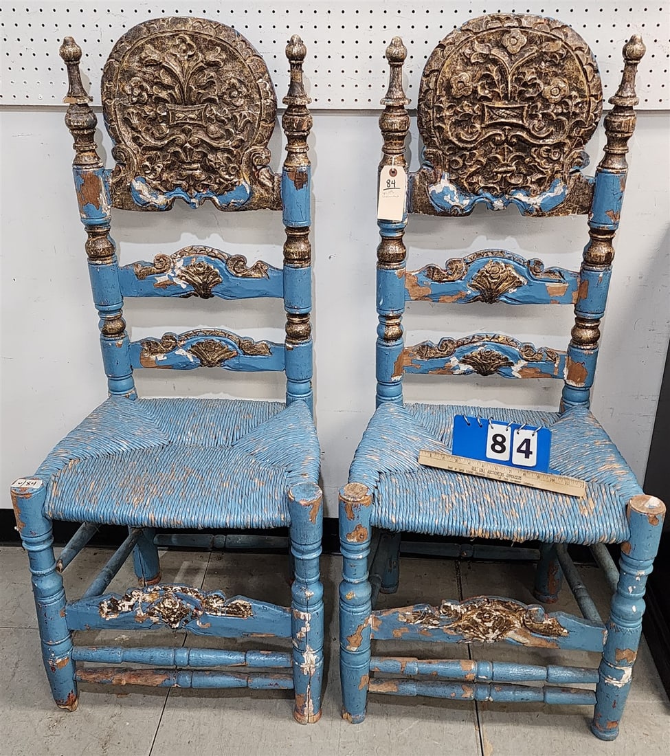 Pr 19Th C Continental Carved And Ptd Ladder Back Chairs: Pr 19Th C Continental Carved And Ptd Ladder Back Chairs