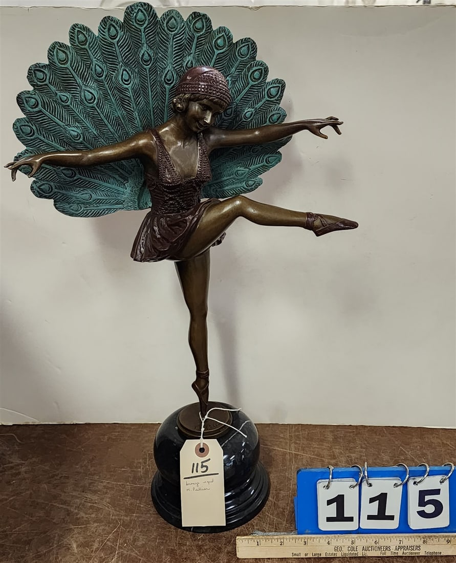 Deco Bronze Peacock Girl Sgnd M. Pellier 21 1/2": Deco Bronze Peacock Girl Sgnd M. Pellier 21 1/2"