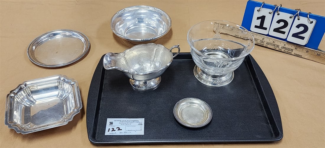 Tray Sterl Incl Real Silver Factory Gravy, Sm Plates And Bowls 20.57 Ozt And Sterl Base Heisey 2: Tray Sterl Incl Real Silver Factory Gravy, Sm Plates And Bowls 20.57 Ozt And Sterl Base Heisey 2 Section Bowl