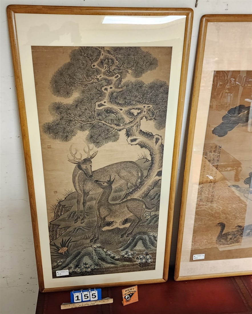 Framed Japanese Ptg Of Ducks On Paper Of Deer 52" X 25": Framed Japanese Ptg Of Ducks On Paper Of Deer 52" X 25"