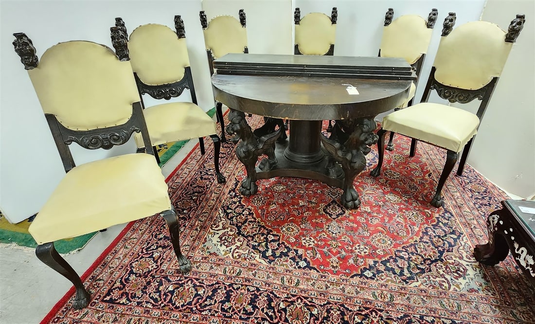Oak 4' Diam Dining Table W/ 4  Winged Griffon Ped Base W/ 3 Leaves And 6 Chairs (1 of 13)