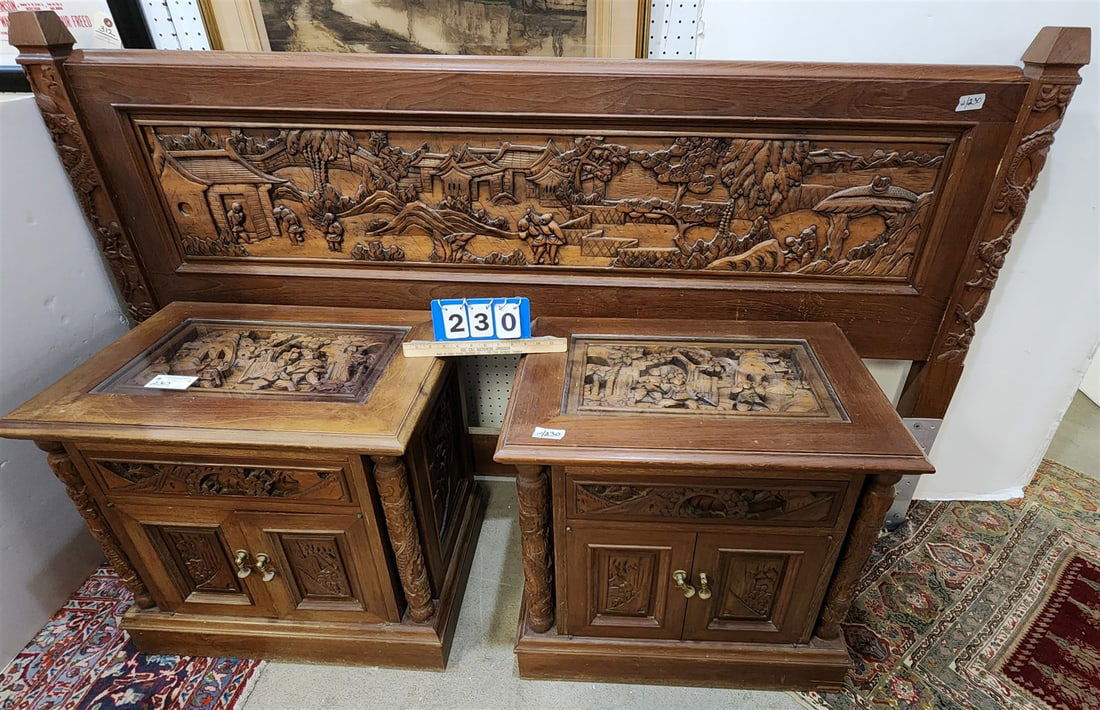 Pr Asian Carved 2 Door End Stand 2'H X 26"W X 18"D And King Bed (1 of 19)