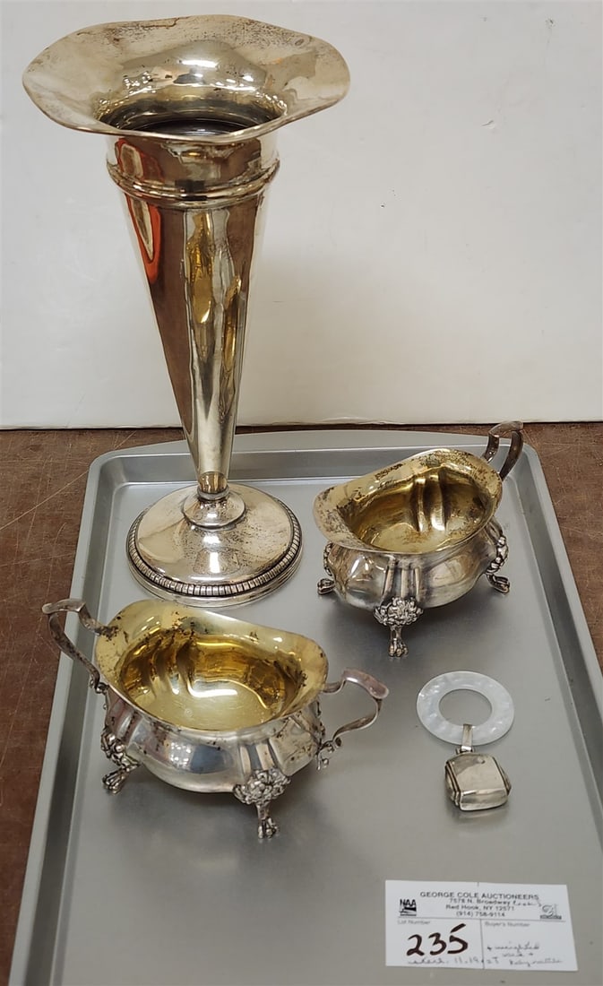 Tray Sterl Creamer/Sugar, Creamer 11.90 Ozt, And Weighted Vase And Baby Rattle (1 of 6)