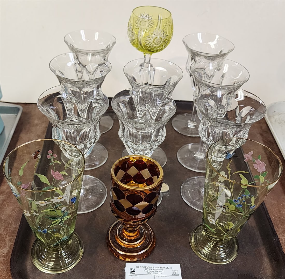 Tray Glasses- 8 Cut, 1- Cut Green To Clear, Pr Enameled, 1- Red To Cut Amber: Tray Glasses- 8 Cut, 1- Cut Green To Clear, Pr Enameled, 1- Red To Cut Amber