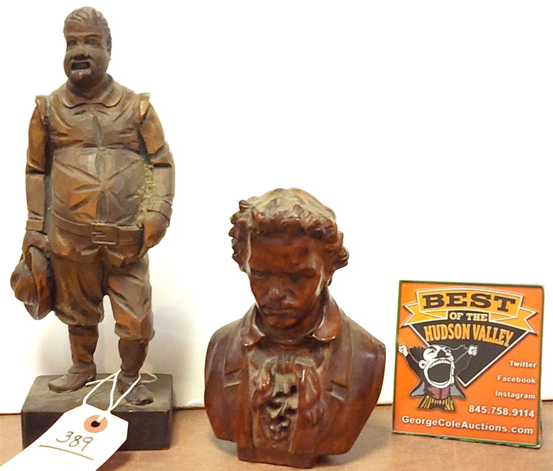 Lot 2 Carved Wood Figures- Bust Beethovan And Spaniard 11 1/2": Lot 2 Carved Wood Figures- Bust Beethovan And Spaniard 11 1/2"