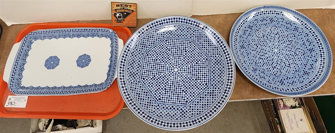 Tray 3 Cocema Fer Morocco Porcelain Chargers 16" And 13 3/4" Diam, Platter 10" X 16 1/2": Tray 3 Cocema Fer Morocco Porcelain Chargers 16" And 13 3/4" Diam, Platter 10" X 16 1/2"