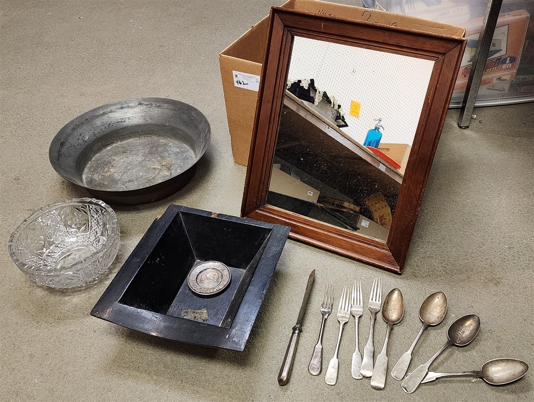 Bx Copper Bowl 4"H X 16" Diam, Framed Mirror 18 1/2" X 15", Sq Wooden Bowl, Silverplate Flatware (1 of 2)