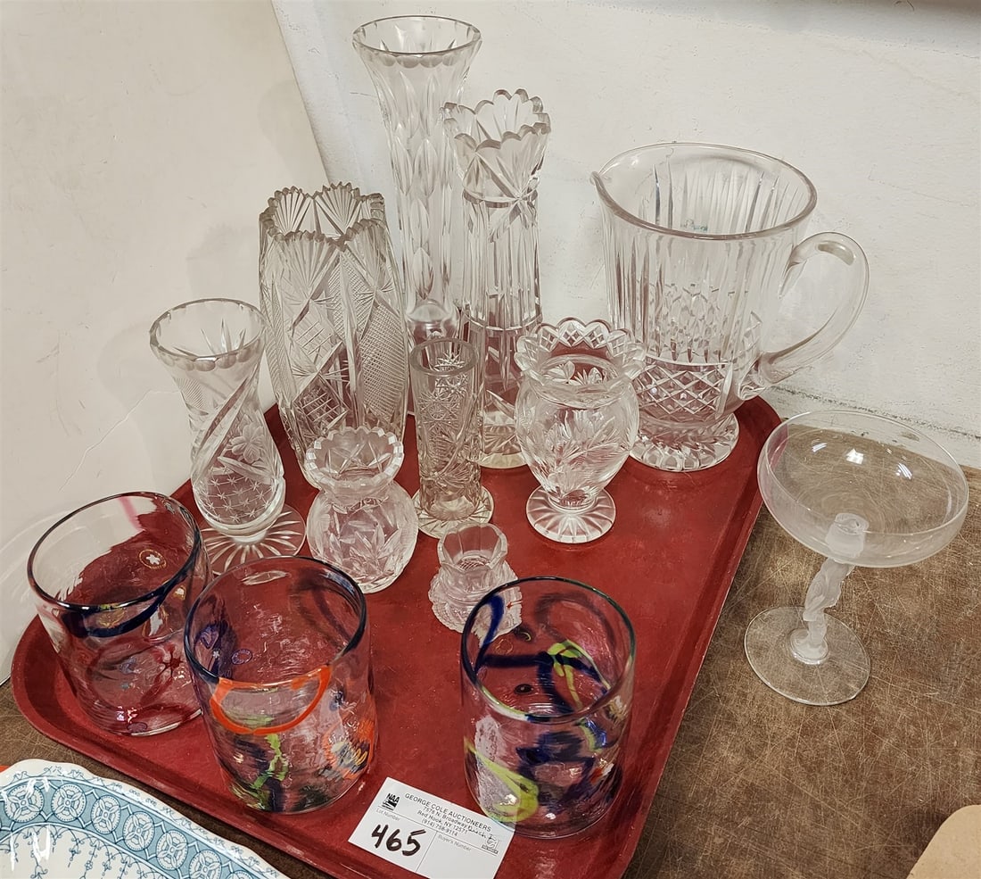 Tray Cut Glass Vases, Pitcher, Glasses: Tray Cut Glass Vases, Pitcher, Glasses