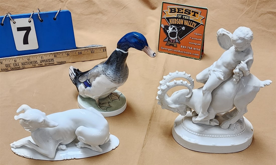Tray Rosenthall Figurines, Reclining Dog 3 1/2"H X 6 1/2"L, Sartyr On Ram 7 1/2"H X 6"L, and Duck 6 (1 of 4)