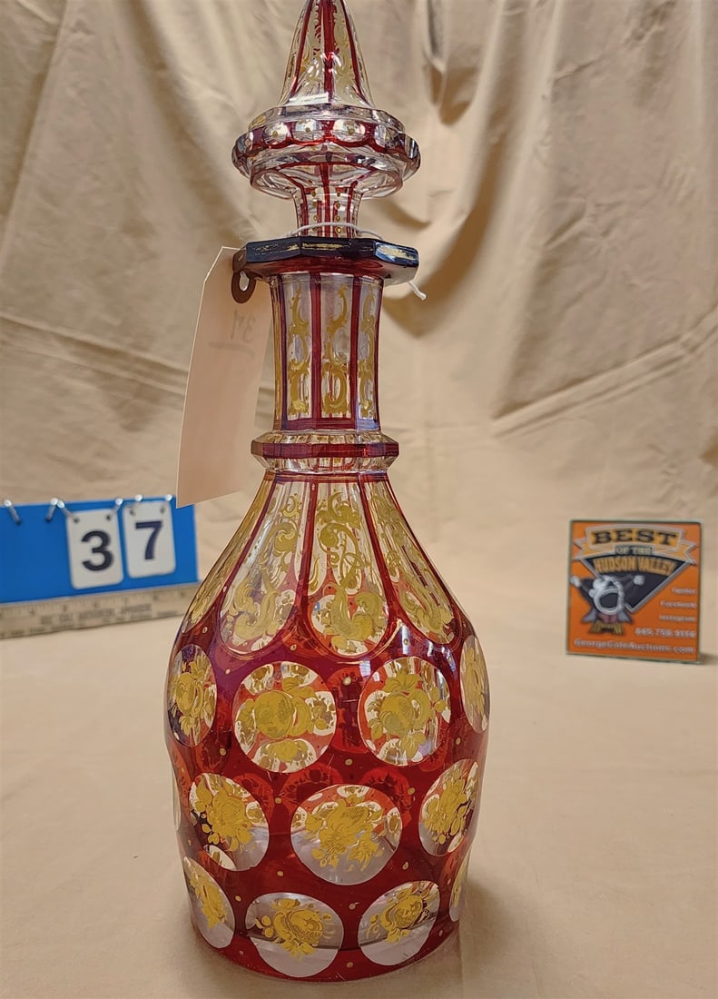 19th C Ruby Cut To Clear Decanter W/ Enamel Decoration 13" (1 of 6)