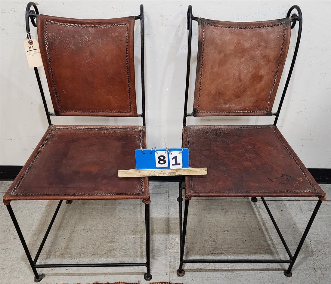 Pr Wrought Frame Leather Uphols Side Chairs 36"H X 18"W X 17"D (1 of 2)