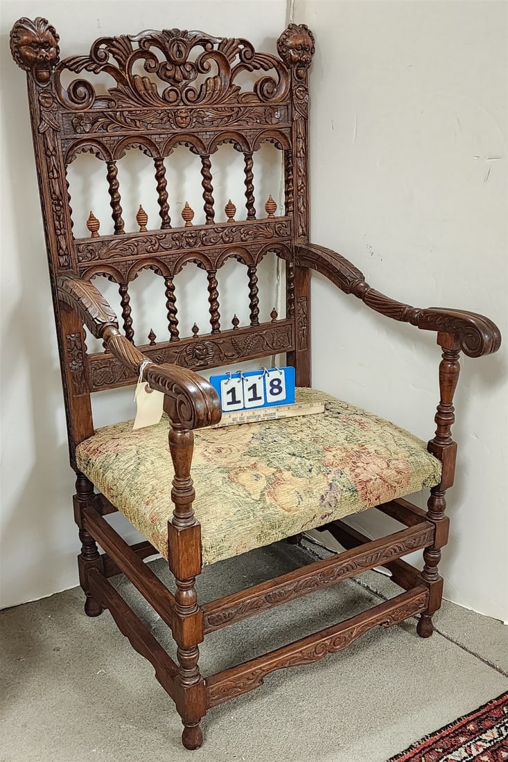 c1900 Elaborately Carved Walnut Armchair: c1900 Elaborately Carved Walnut Armchair