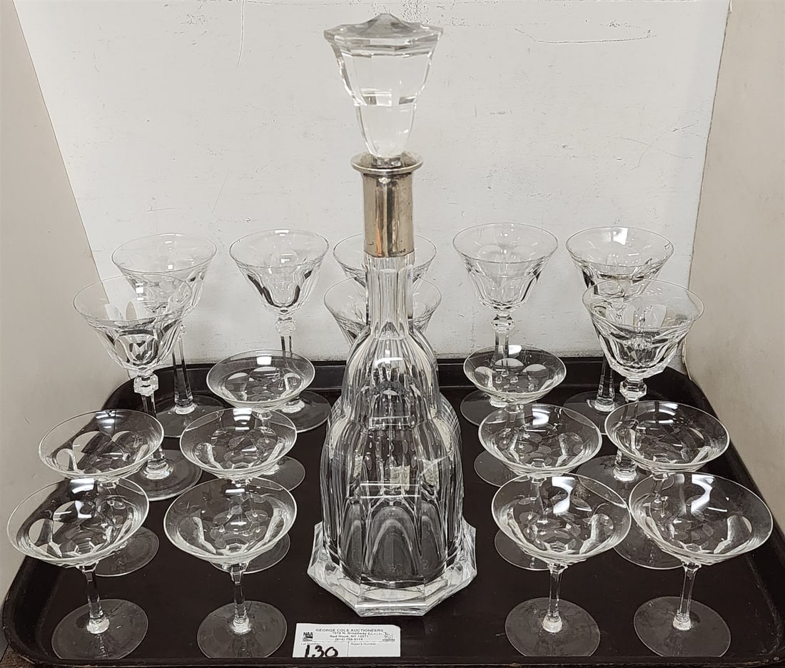 Tray Cut Crystal Decanter W/ 800 Silver Neck 15 1/2" W/ 18 Pc Stemware (1 of 4)