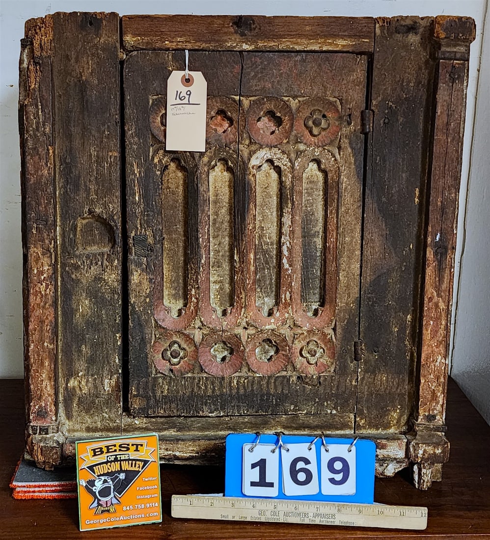 17th/18th C Gothic Wooden + Polychromed Tabernacle W/ A Chalice Ptd On Inside Of Door 23 1/2"H X 21 (1 of 3)