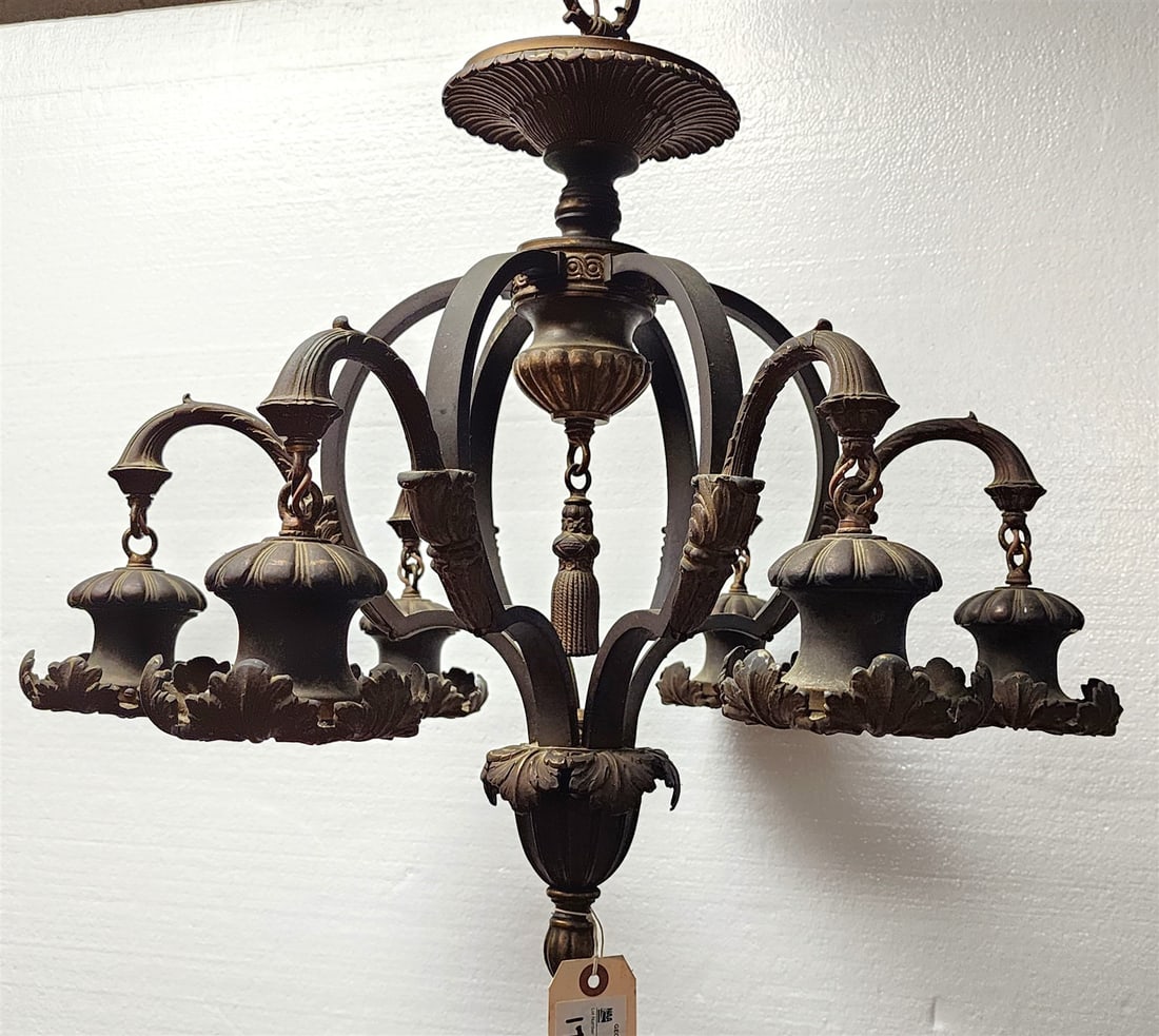 30's Cast Bronze 6 Light Chandelier 23"H X 19" Diam: 30's Cast Bronze 6 Light Chandelier 23"H X 19" Diam